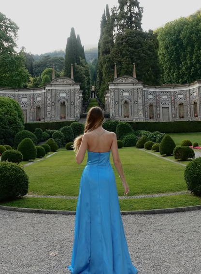 Dodger Blue Elegant A Line Strapless Chiffon Satin Long Prom Dress Evening Dress DP3303