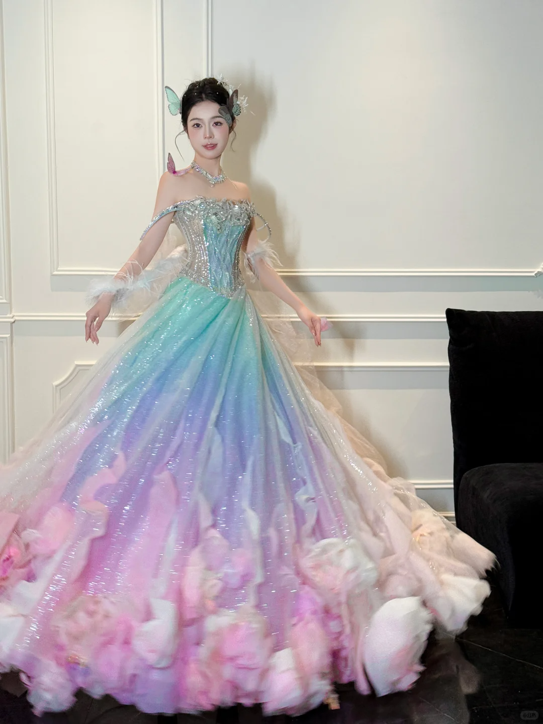 Dreamy Multi-Color Ball Gown Off the Shoulder Sequin Tulle Prom Dress DP4292