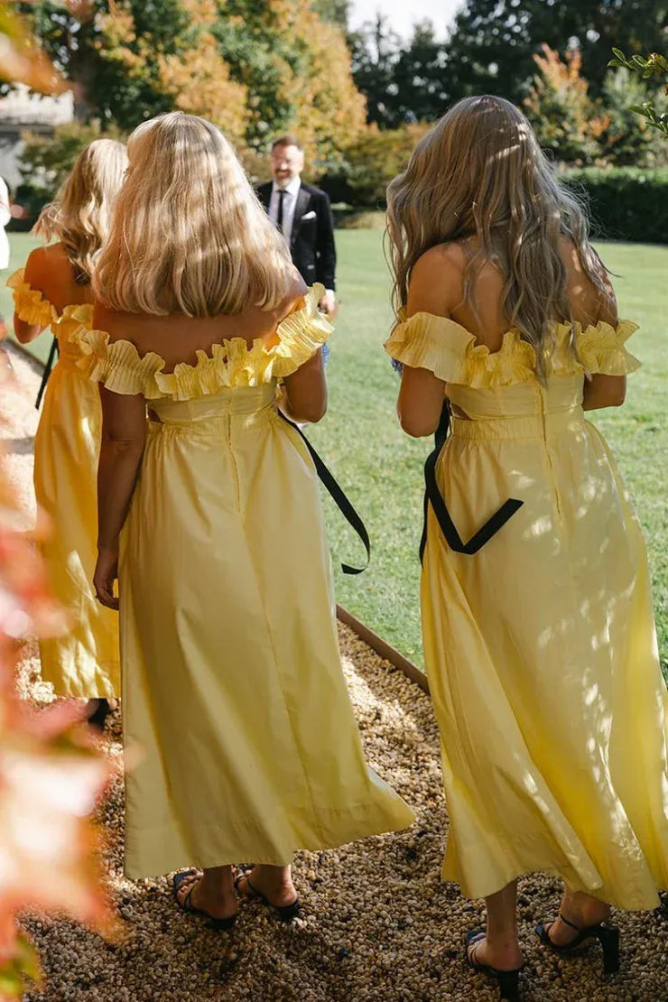 Yellow Off the Shoulder Ruffle Cotton Ankle Length Bridesmaid Dresses DP5564