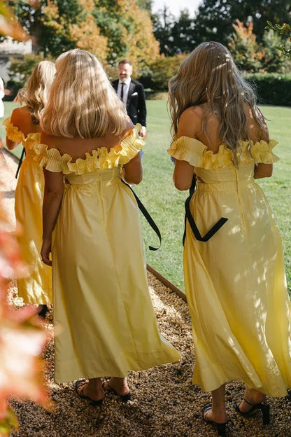Yellow Off the Shoulder Ruffle Cotton Ankle Length Bridesmaid Dresses DP5564