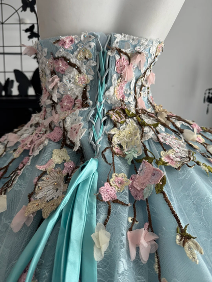 Blue Ball Gown Sweetheart Neck Floral Tulle Prom Dress Quinceanera Dress DP6968