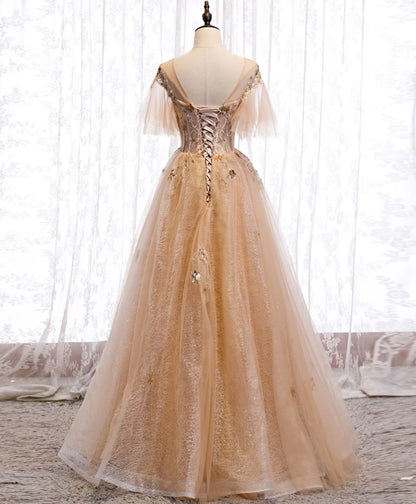 Champagne Round Neck Star Sequins Tulle Lace Long Prom Dress Formal Dress DP1162