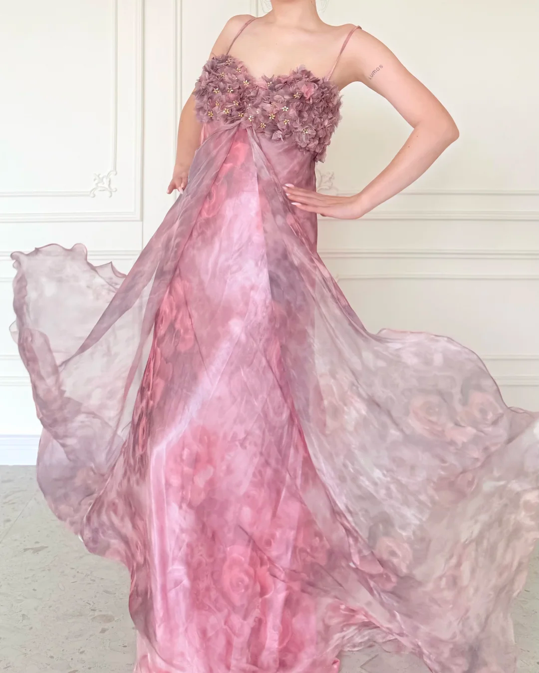 Pink Print Floral A Line Straps Chiffon Long Prom Dress Evening Dress DP5471