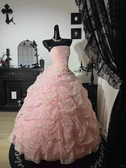 Sweety Pink A Line Strapless Pleated Lace Prom Dress Evening Dress DP6979