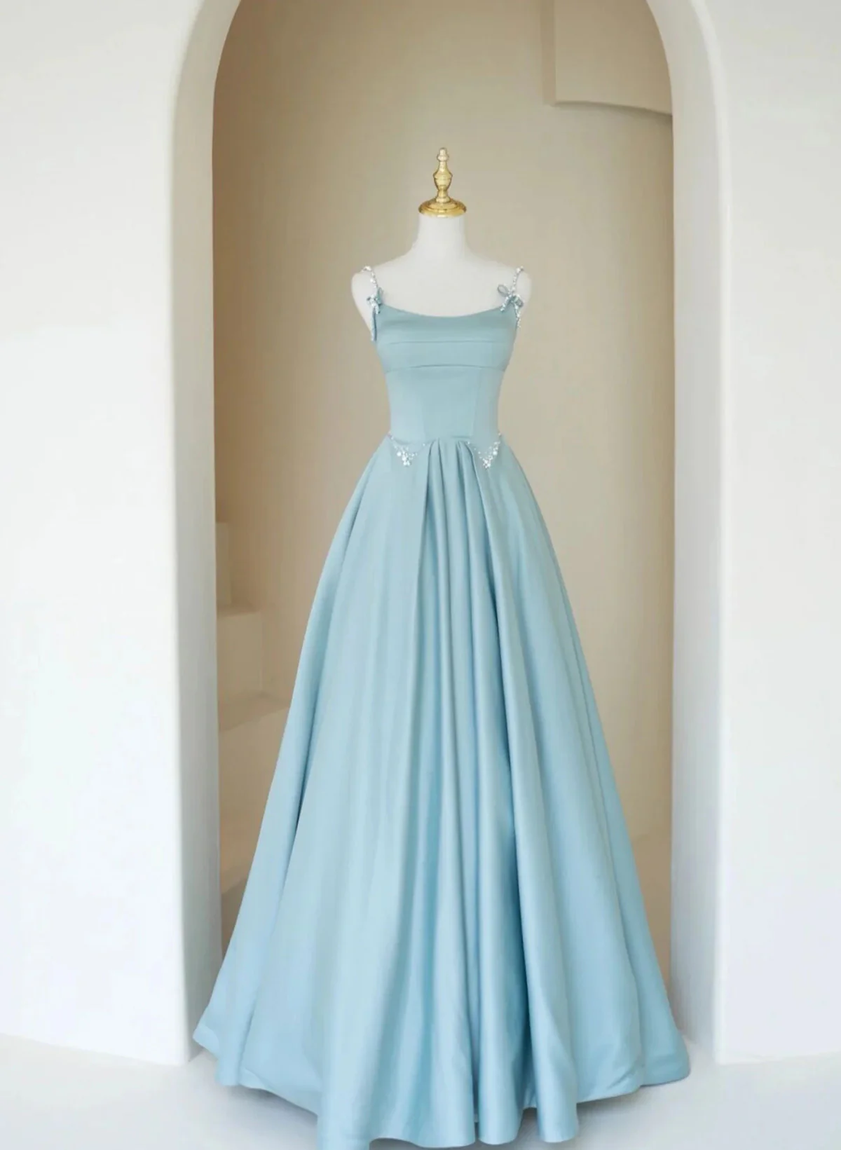 Blue A-Line Satin Beaded Long Prom Dress Formal Evening Dress DP214