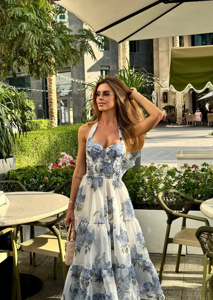 Blue Print Floral A Line Halter Chiffon Backless Long Prom Dress Evening Dress DP6036