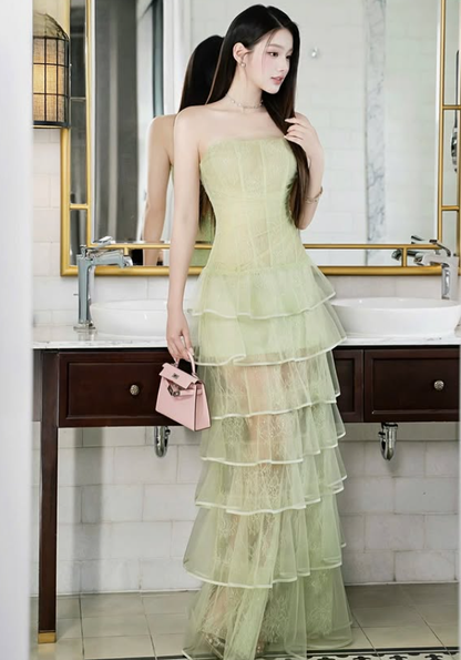 Elegant A Line Strapless Layered Green Lace Prom Dress Evening Dress DP5913