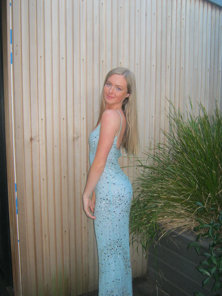 Baby Blue Sheath Spaghetti Straps Sequin Beaded Chiffon Prom Dress Wedding Guest Dress DP4935