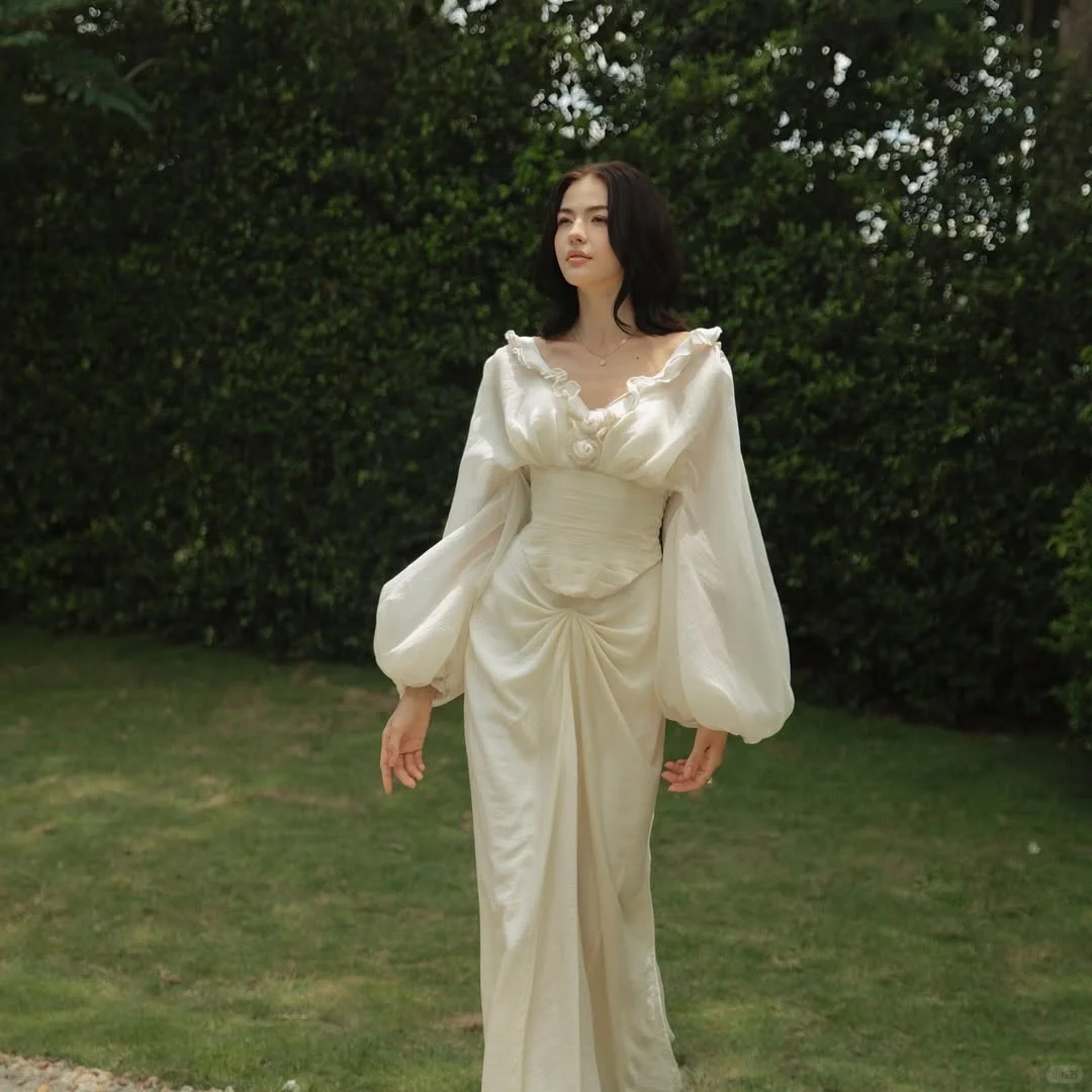 Vintage Ivory Mermaid Long Sleeve Satin Long Prom Dress Party Dress Outfits DP4522