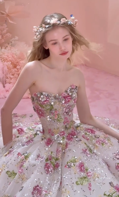 Romantic Pink Rose Ball Gown Strapless Exquisite Beaded Tulle Long Prom Dress DP4603