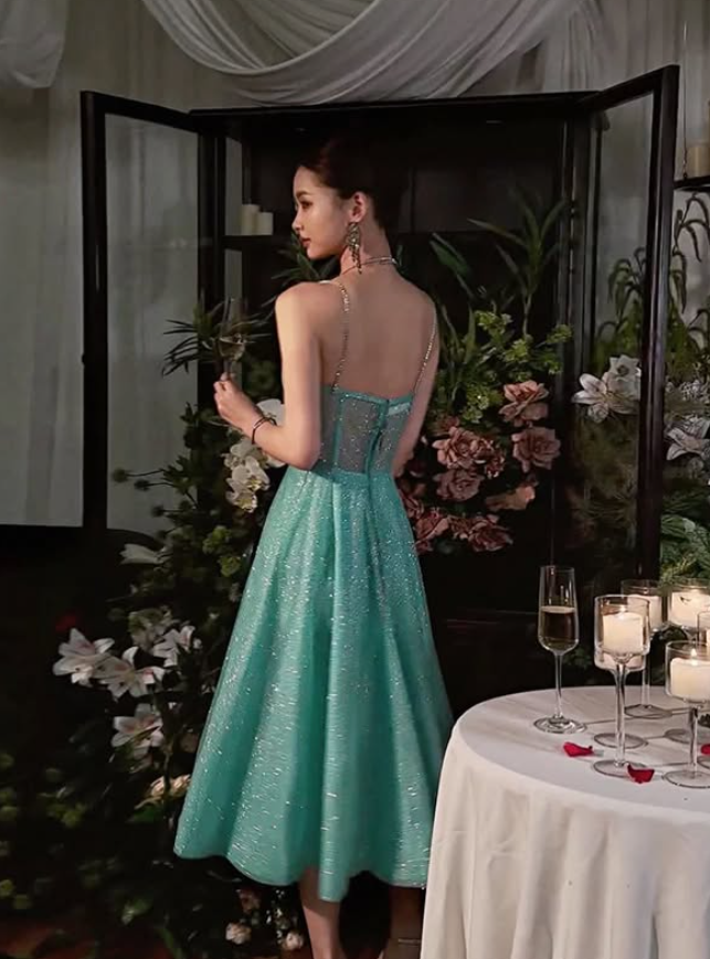 Stunning Lake Blue A Line Spaghetti Strap Sequin Prom Dress Evening Dress DP4811