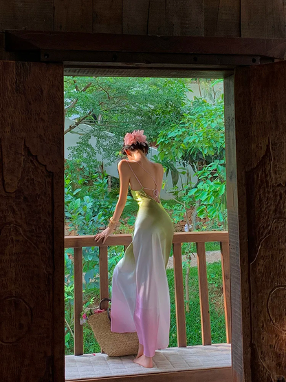 Pink Green Ombre Sheath One Shoulder Satin Long Prom Dress Evening Dress DP3872