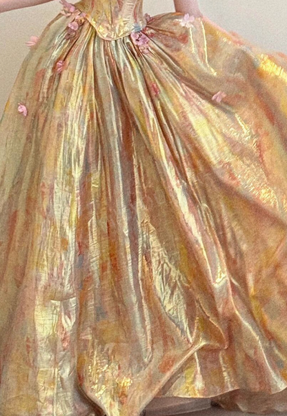 Stunning Ball Gown Off the Shoulder Floral Golden Satin Prom Dress 16th Birthday Dress DP3566