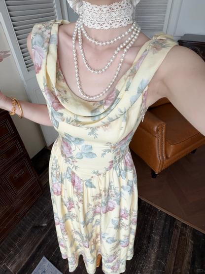 Pretty Light Yellow A Line Print Flower Satin Long Prom Dress Evening Dress DP5645