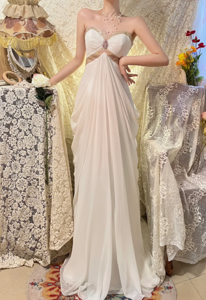 White Elegant A Line Sweetheart Neck Beaded Chiffon Long Prom Dress Date Dress DP4273