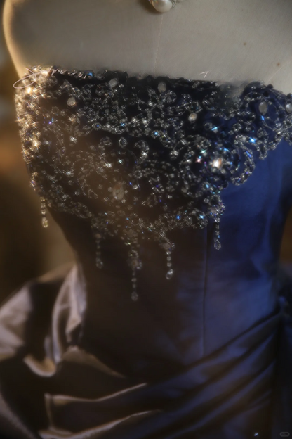 Vintage Ball Gown Strapless Beaded Layered Navy Blue Satin Prom Dress 16th Birthday Dress DP4141