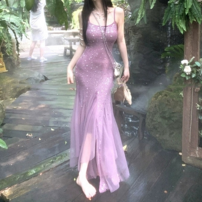 Pretty Lilac Mermaid Spaghetti Strap Beaded Tulle Party Dress Evening Dress DP2872