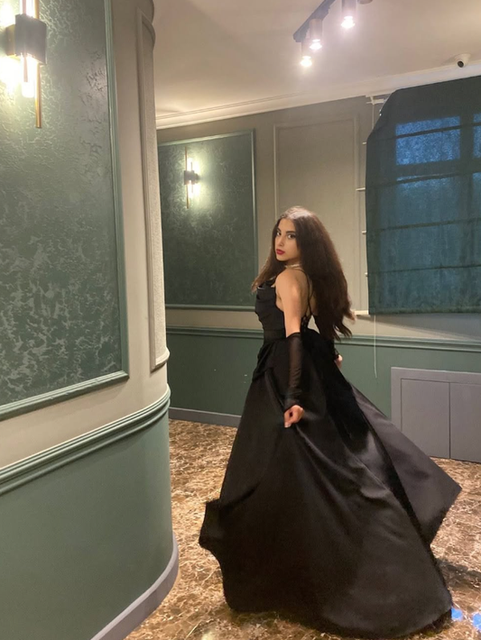 Sexy A Line Spaghetti Strap Black Satin Long Prom Dress Evening Dress with Slit DP1797