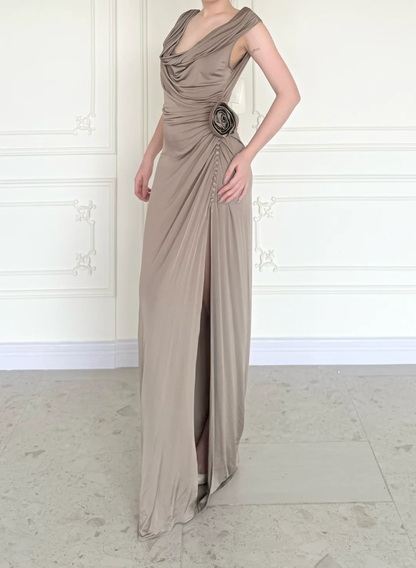 Simple Brown Vintage Sheath Straps Satin Long Prom Dress DP5069