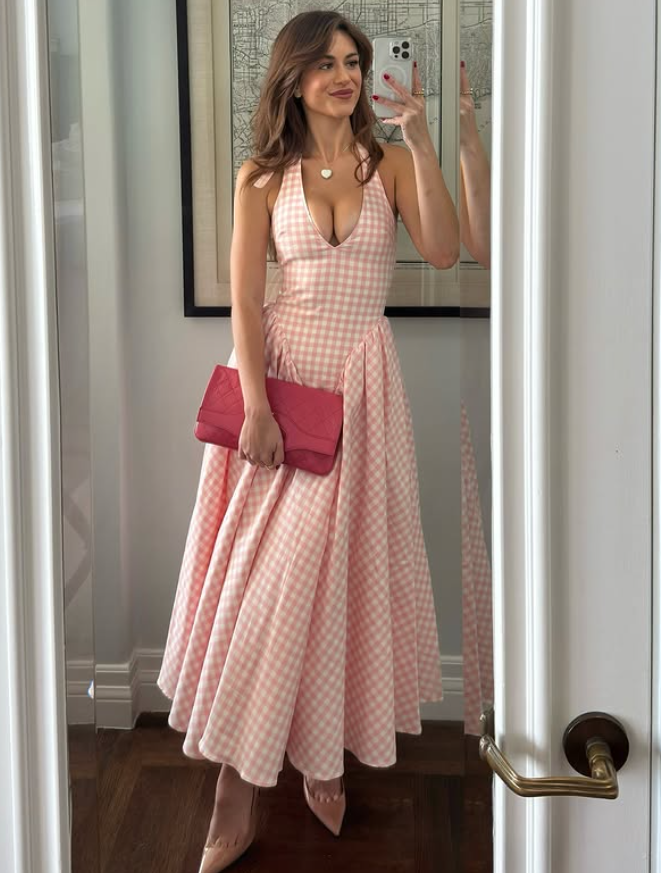 Gentle Pink A Line Halter Plaid Satin Prom Dress Evening Dress 16th Birthday Dress DP3953