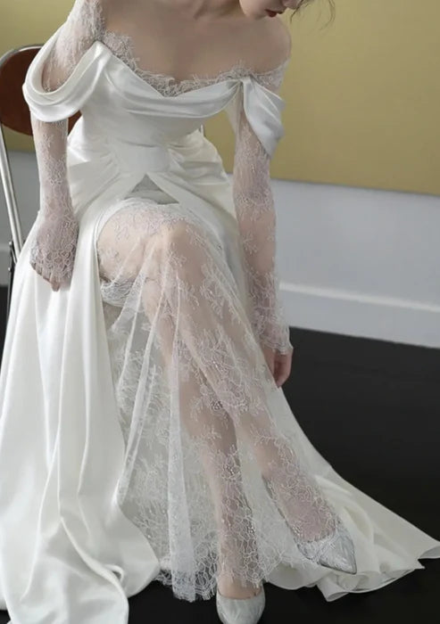 Classic A Line Off the Shoulder Lace White Satin Wedding Dress with Slit DP4356