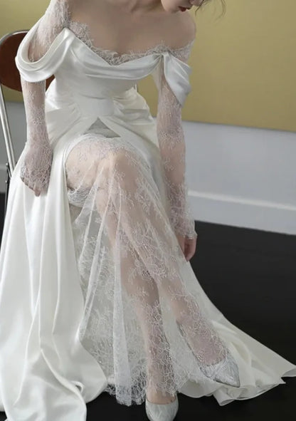 Classic A Line Off the Shoulder Lace White Satin Wedding Dress with Slit DP4356