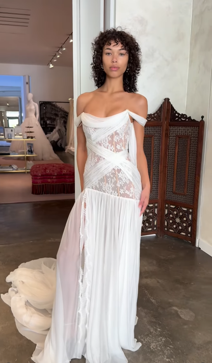 A Line Off the Shoulder White Chiffon Lace Long Wedding Dress with Slit DP4330
