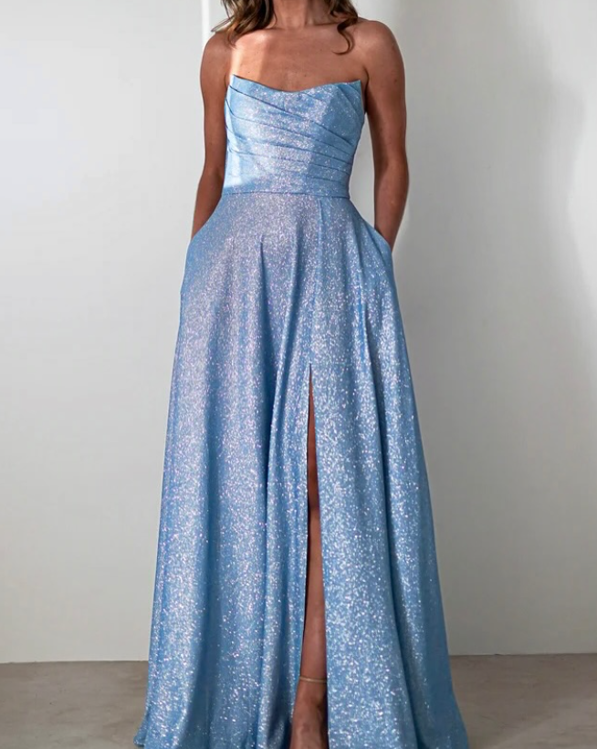 Shiny Blue Sequin A Line Strapless Long Prom Dress Evening Dress with Slit DP6597