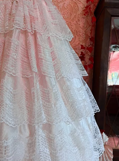Light Pink Vintage Sweetheart Neck Tiered Lace Satin Gown Fairy Dress Wedding Dress DP1421