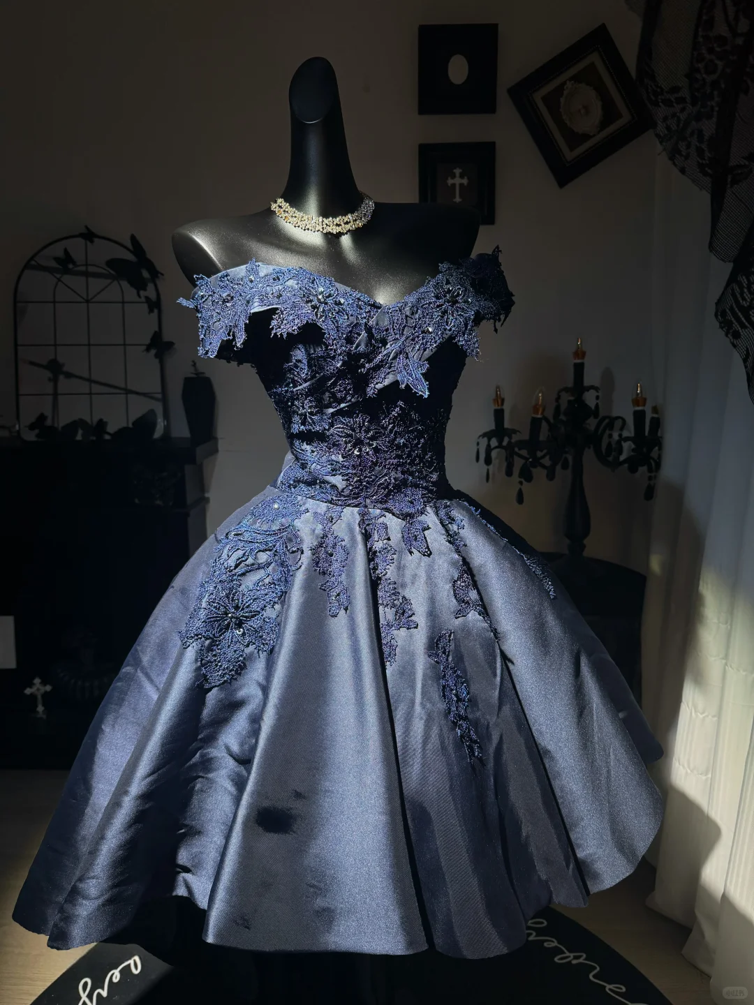 Navy Blue A Line Off the Shoulder Applique Satin Short Prom Dress Homecoming Dress DP6974