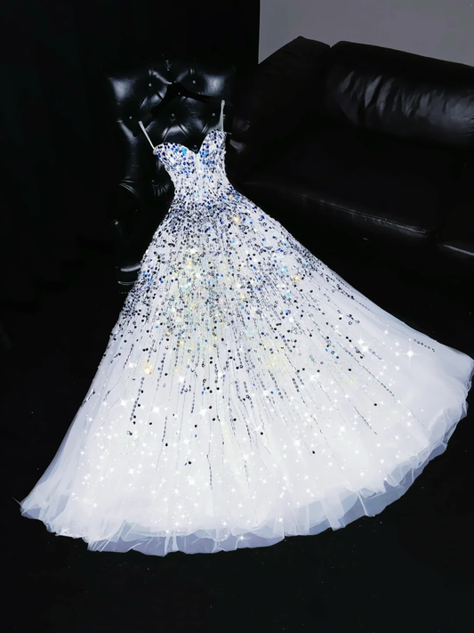 Shiny A Line Sweetheart Neck Sequin White Tulle Long Prom Dress Evening Dress DP1956