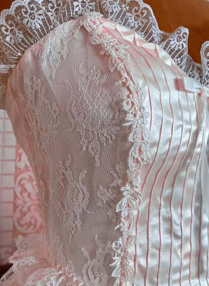 Light Pink Vintage Sweetheart Neck Tiered Lace Satin Gown Fairy Dress Wedding Dress DP1421