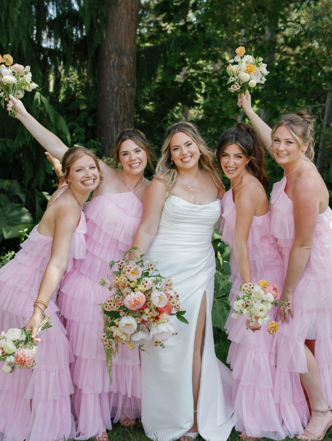 Sweety Pink A Line Halter Layered Tulle Long Bridesmaid Dress with Slit DP4967