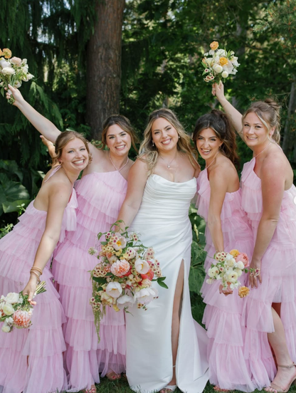Sweety Pink A Line Halter Layered Tulle Long Bridesmaid Dress with Slit DP4967