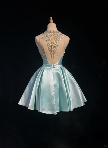 Baby Blue A Line Rhinestone Bow Satin Short Homecoming Dress DP2761