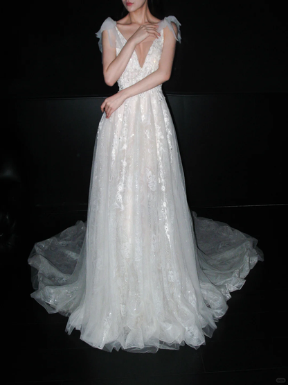 Princess A Line V Neck White Beaded Sequin Lace Tulle Long Wedding Dress DP8114