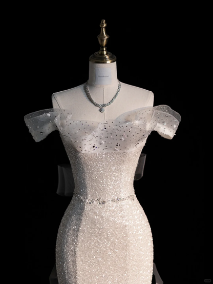 Shiny Mermaid Off the Shoulder Ruffle Sequin Tulle Prom Dress Evening Dress DP2191