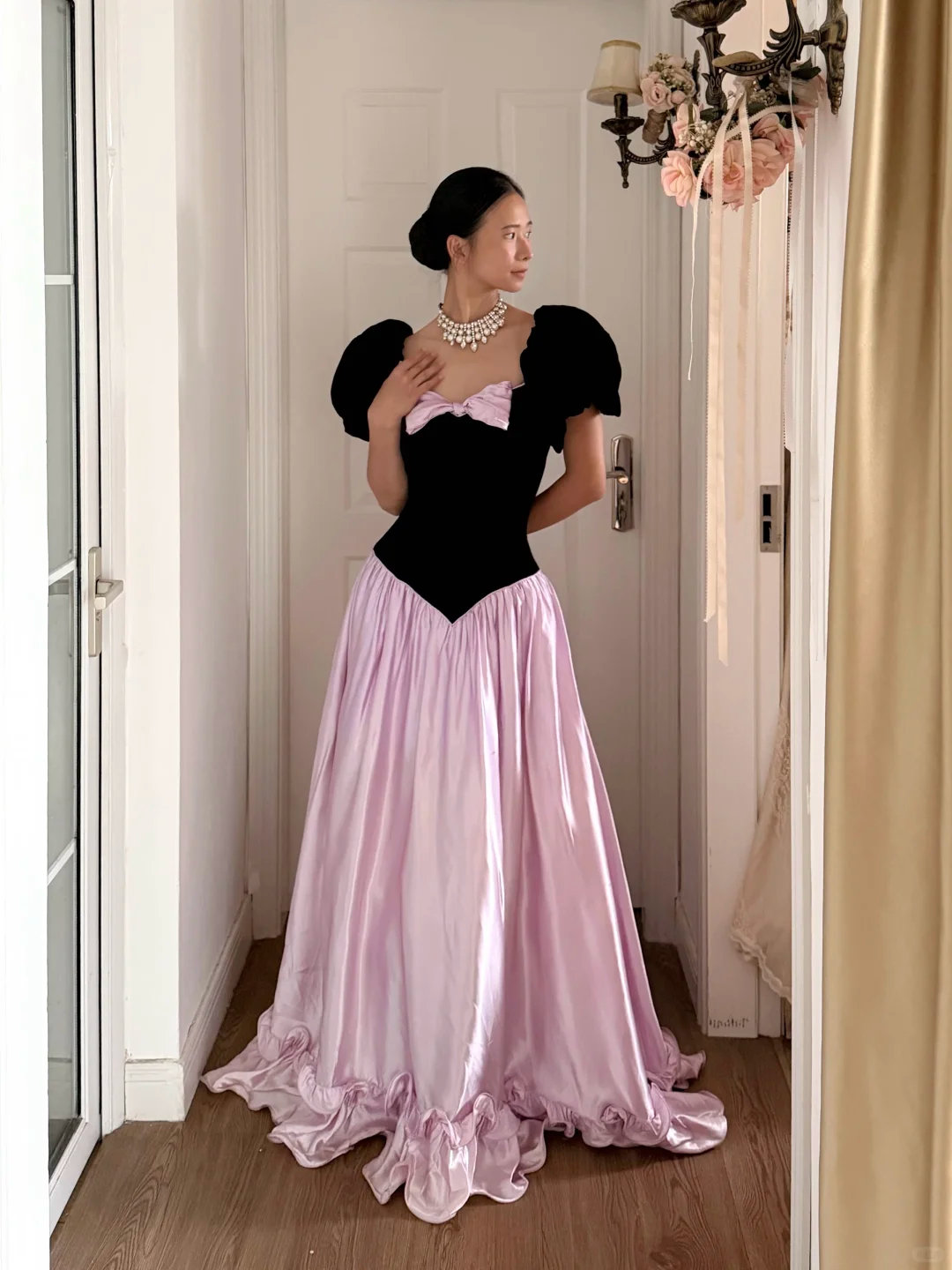 Retro Princess A Line Puff Sleeve Pink Satin Black Velvet Long Prom Dress Evening Dress DP6800