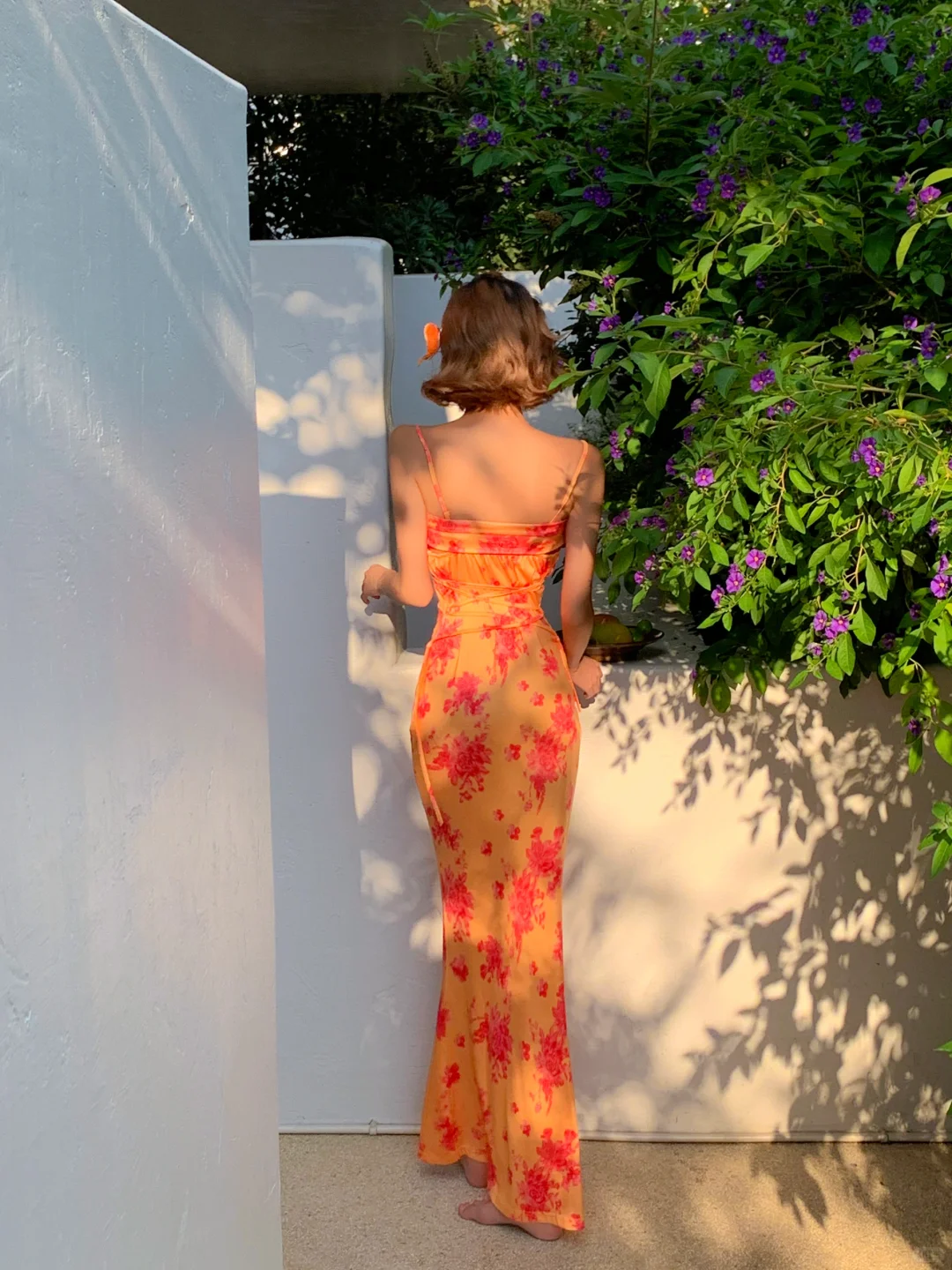 Sexy Sheath Spaghetti Straps Orange Print Floral Satin Long Prom Dress Outfits DP3848