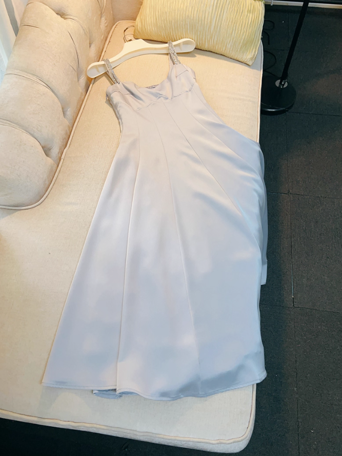 Classic Blue A Line Spaghetti Strap Beaded Satin Prom Dress Wedding Guest Dress DP4486