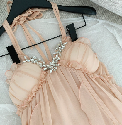 Elegant A Line Halter Rhinestone Ruffle Chiffon Vacation Dress Summer Dress Outfits DP3558