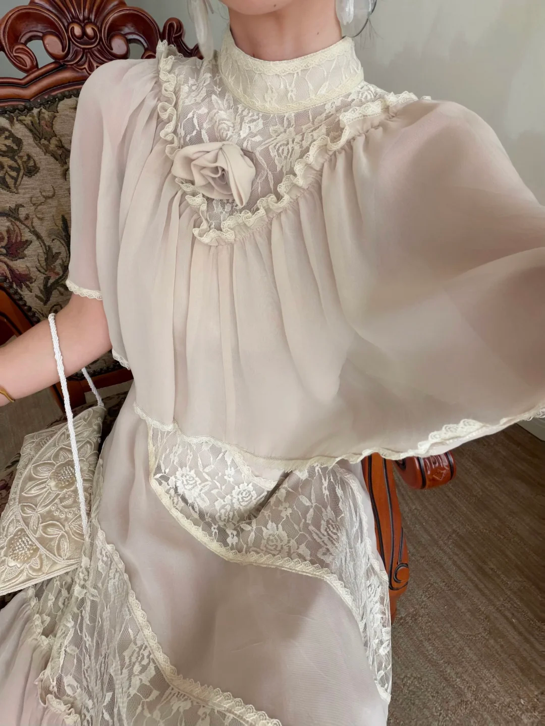 Vintage A Line High Neck Lace Chiffon Long Prom Dress Evening Dress DP6466