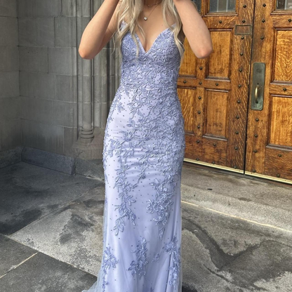 Elegant Mermaid Spaghetti Straps Appliques Tulle Long Prom Dress Evening Dress DP1559