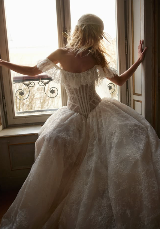 Royal Ball Gown Off the Shoulder Corset White Lace Long Train Wedding Dress DP5832