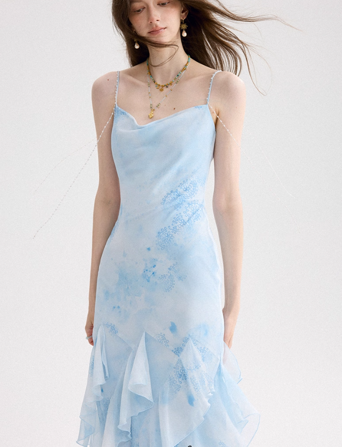Gentle Baby Blue A Line Spaghetti Strap Ruffle Chiffon Prom Dress Vacation Dress Outfits DP3652