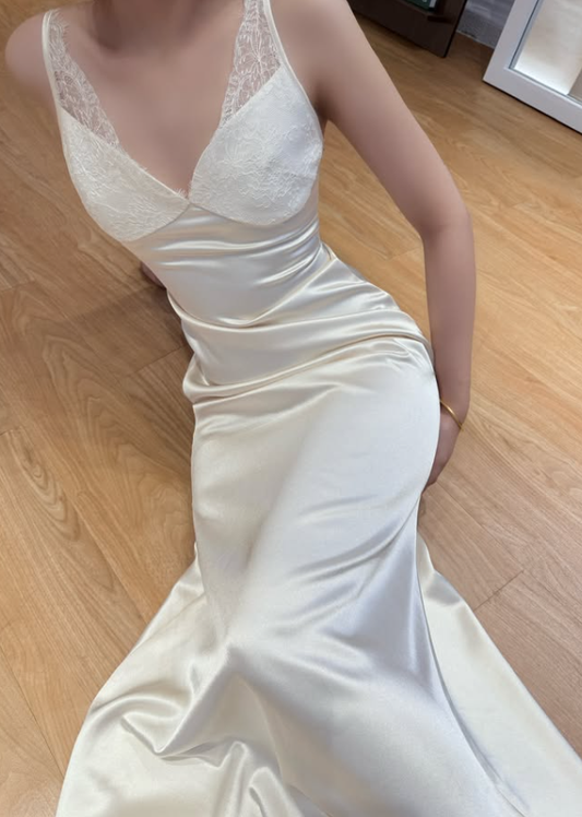 Elegant White Sheath V Neck Lace Satin Prom Dress Evening Dress DP7948