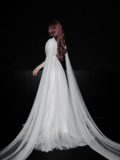 Flowy White Tulle A Line Long Sleeve High Neck Wedding Dress DP5788