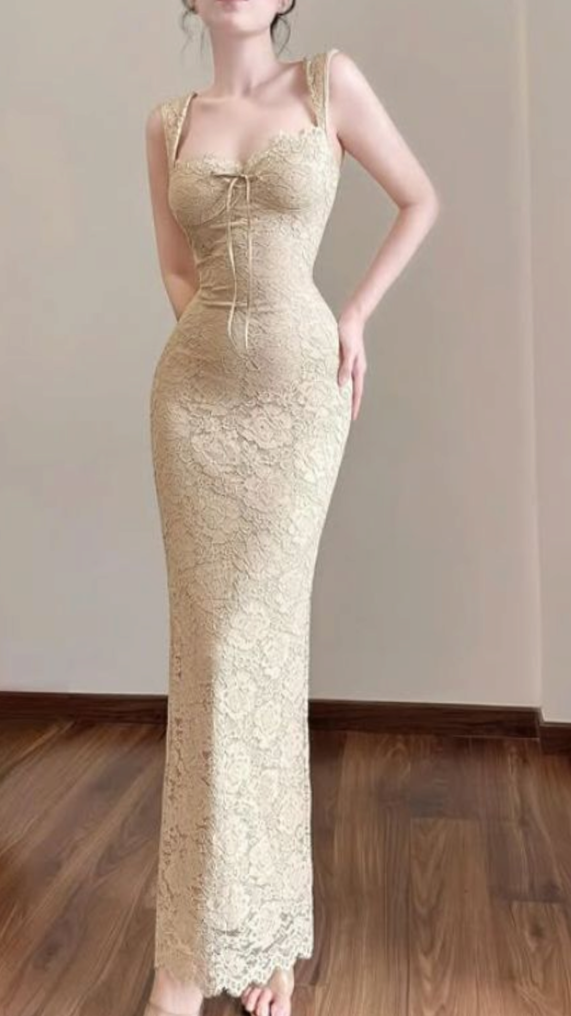 Gentle Apricot Sheath Straps Lace Long Prom Dress Evening Dress DP6917