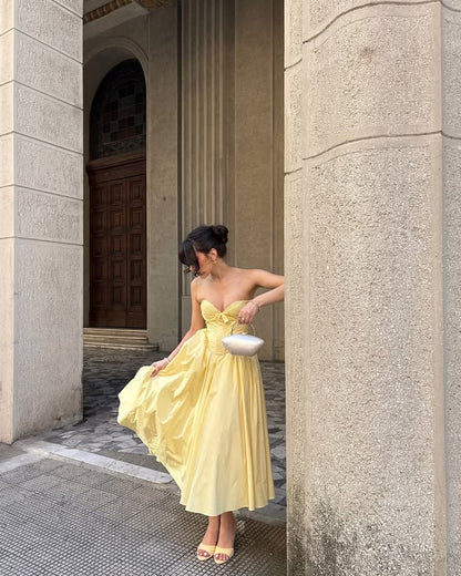 Elegant Yellow A Line Sweetheart Neck Corset Satin Long Prom Dress Outfits DP6819
