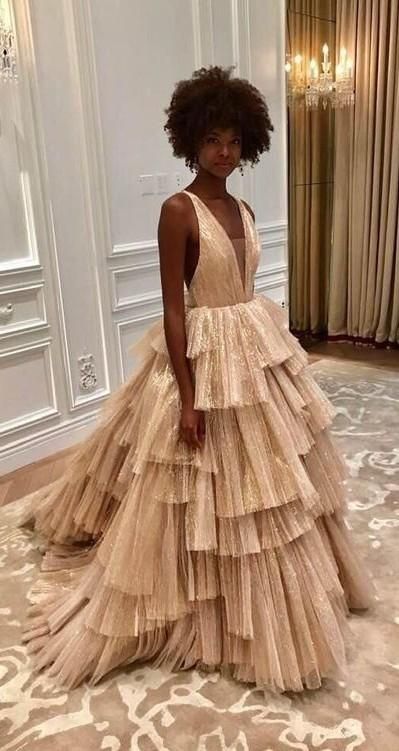 Golden Ball Gown V Neck Layered Tulle Backless Long Prom Dress Formal Dress DP3334
